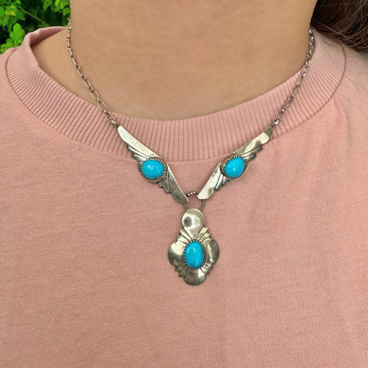 Vintage Native American EDE Signed Sterling Silver Turquoise Necklace 18"