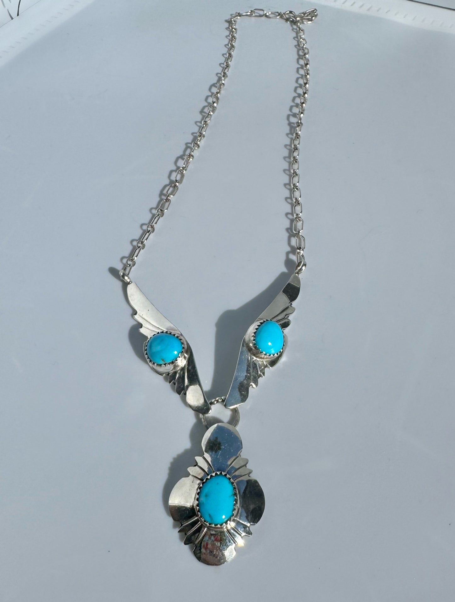 Vintage Native American EDE Signed Sterling Silver Turquoise Necklace 18"