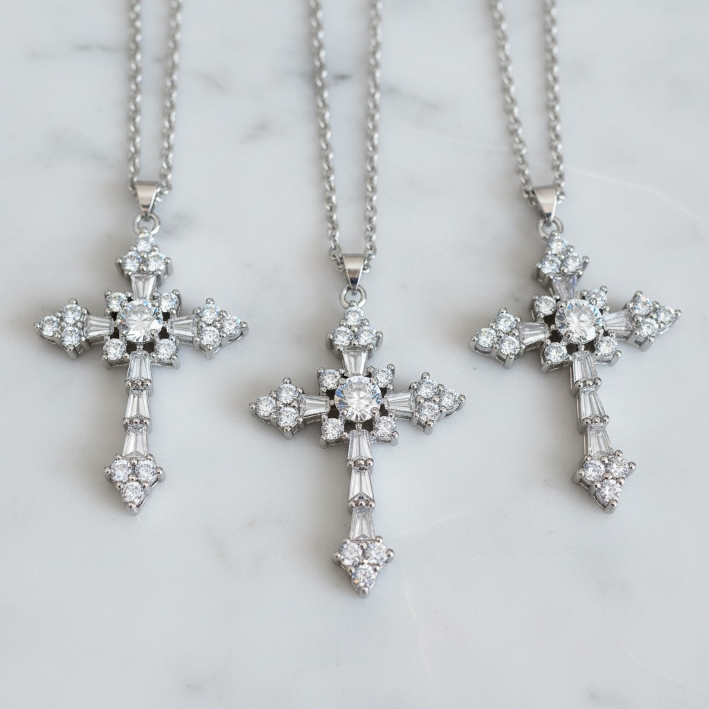 Moissanite Diamond and Clear Quartz Cross Pendant