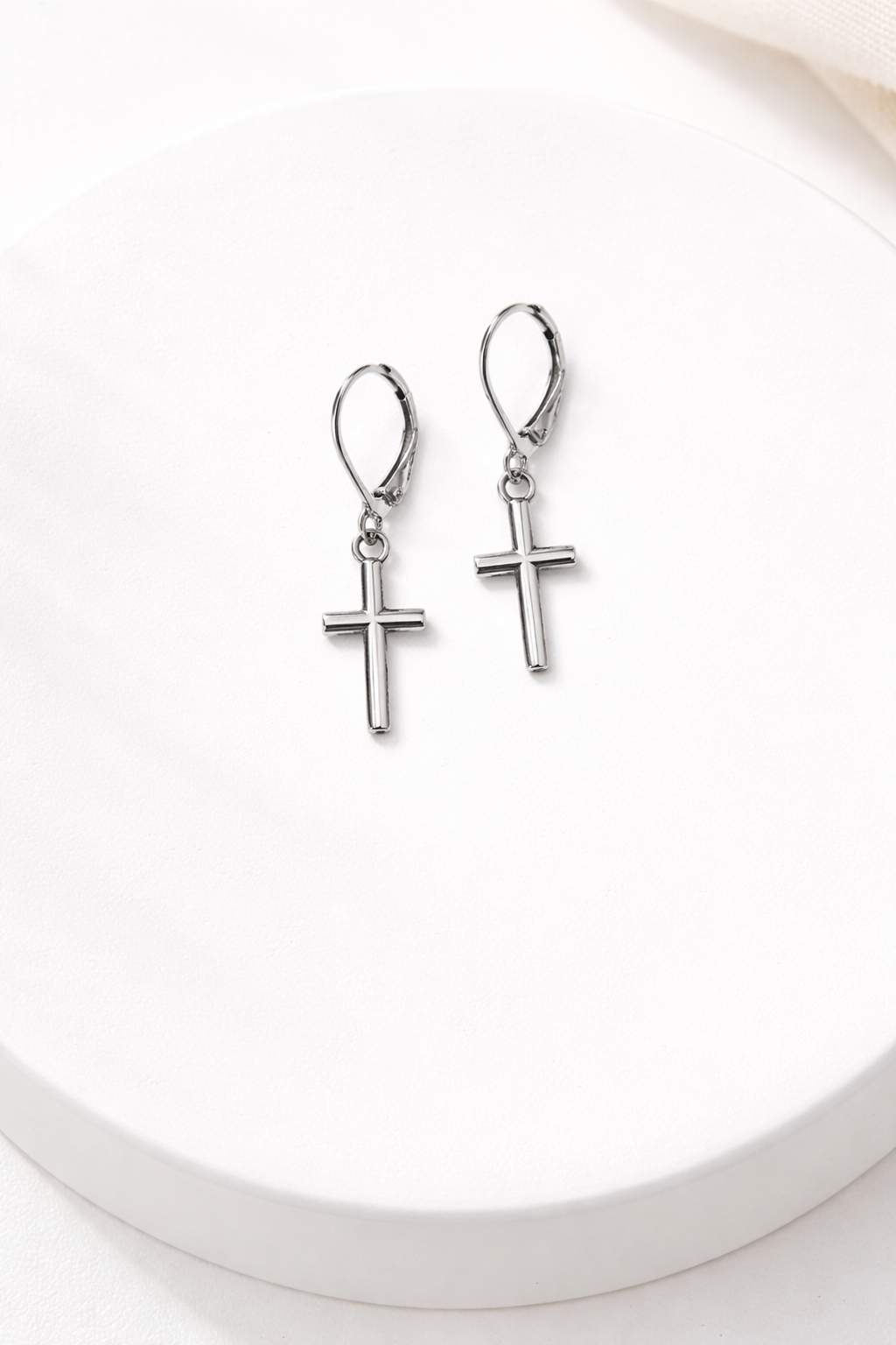 Dainty Cross Silver Leverbacks Earrings