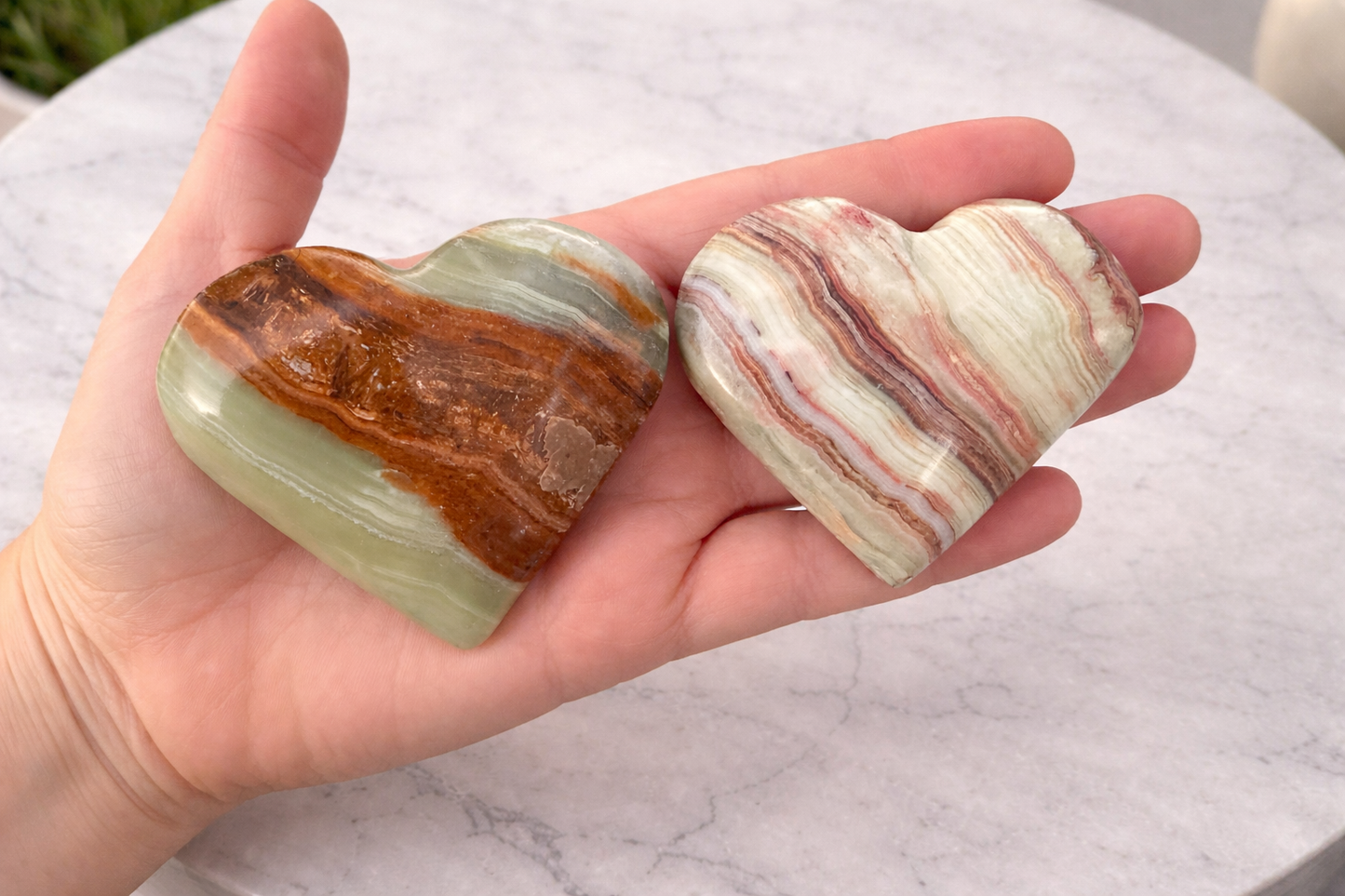 Green Banded Calcite Hearts