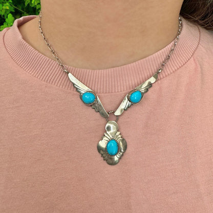 Vintage Native American EDE Signed Sterling Silver Turquoise  Necklace 18"