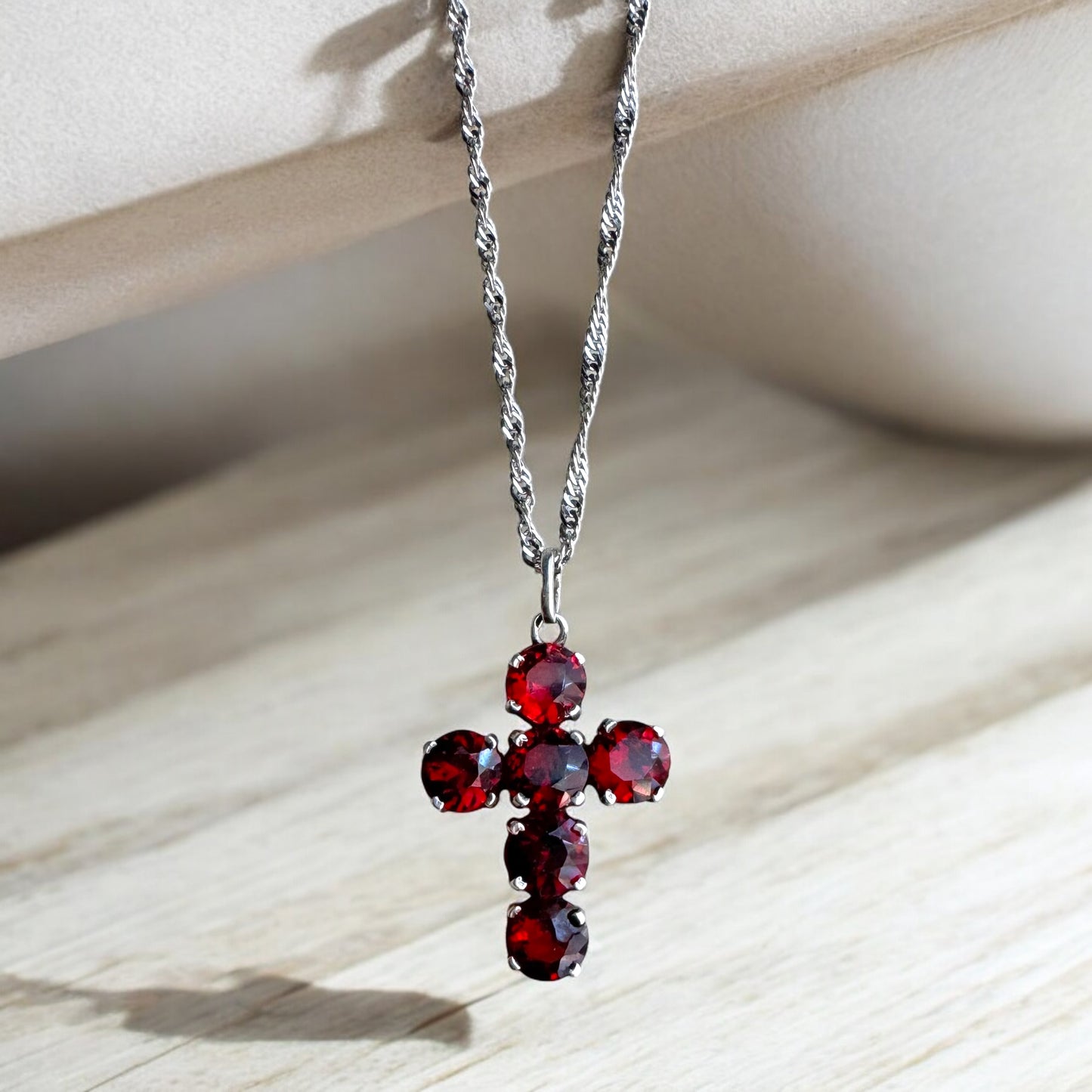 .925 Red Garnet Cross Necklace