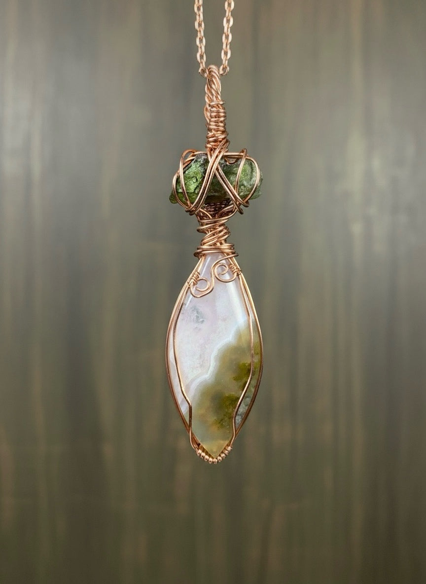 Moldavite + Moss Agate with Druzy
