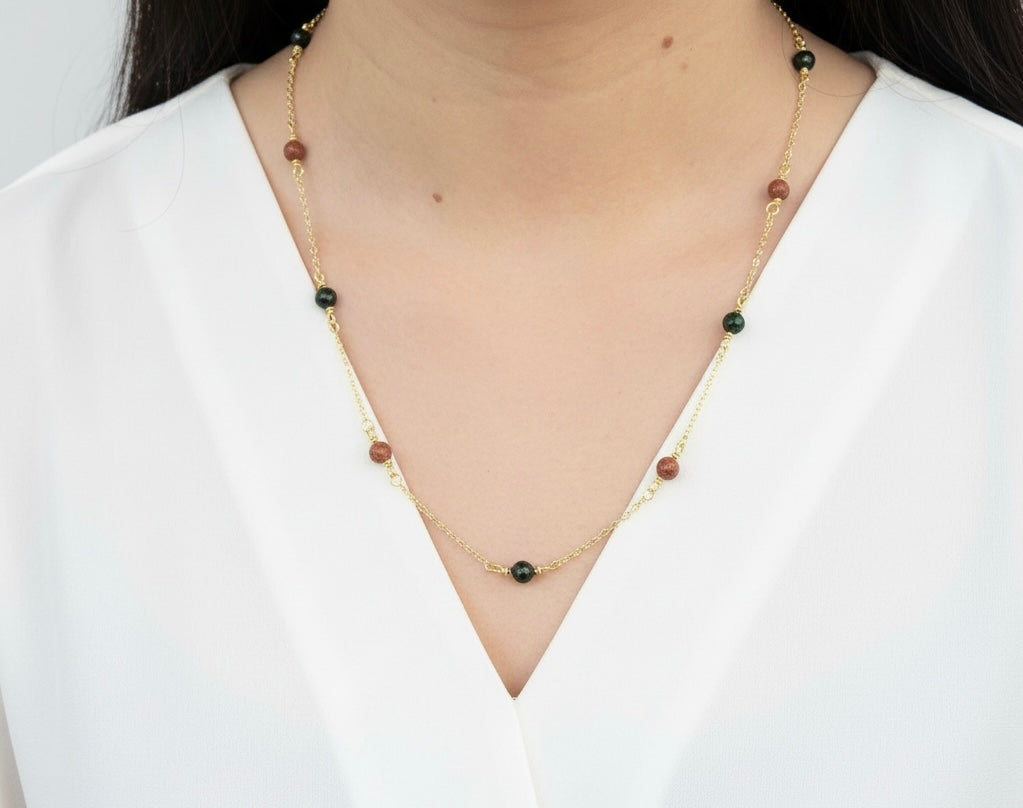 Red & Green Sandstone Gold Chain necklace