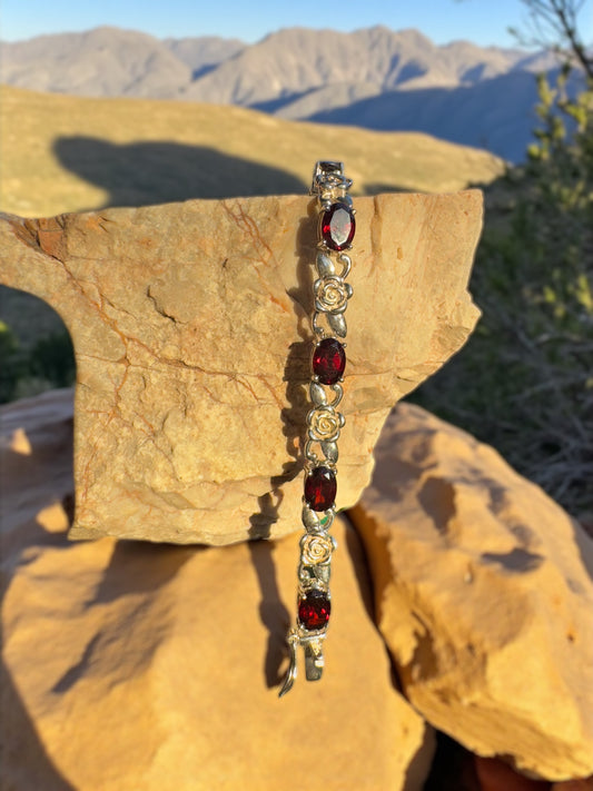 Garnet & Rose bracelet-Sterling Silver-8 inches