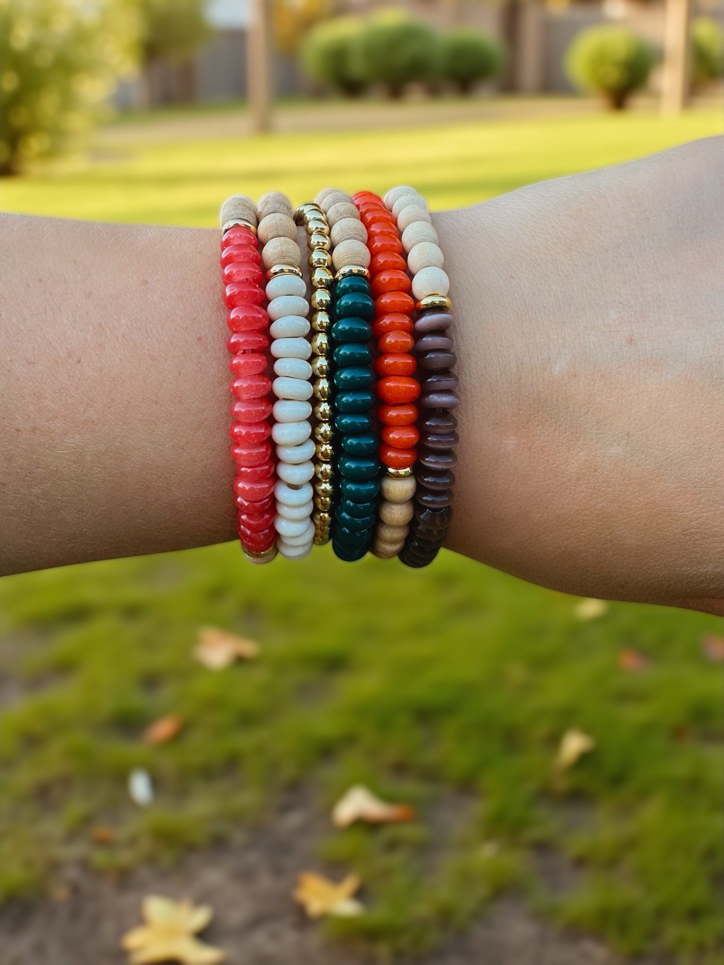 Autumn Balance Stack - Fall Beaded Bracelets with Essential Oil Diffusing Wood