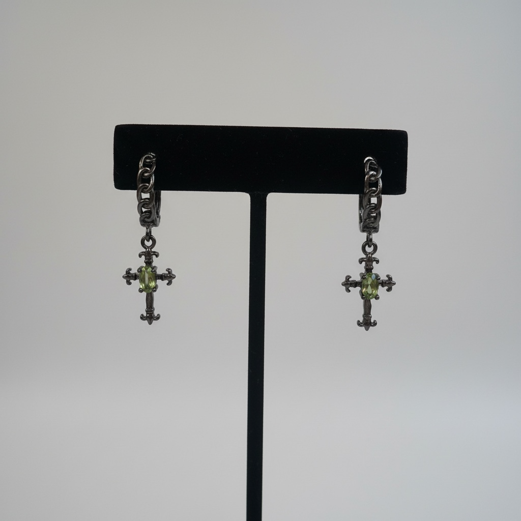 Black Chain Cross Hoops with Peridot