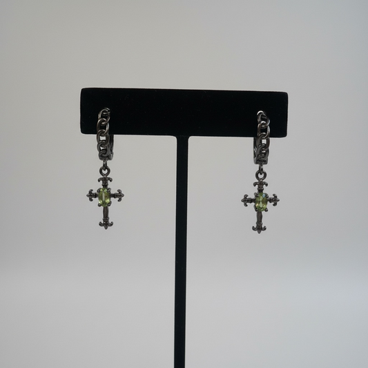Black Chain Cross Hoops with Peridot