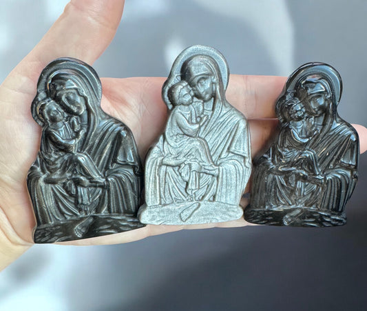Virgin Mary and Baby Jesus Obsidian Carving