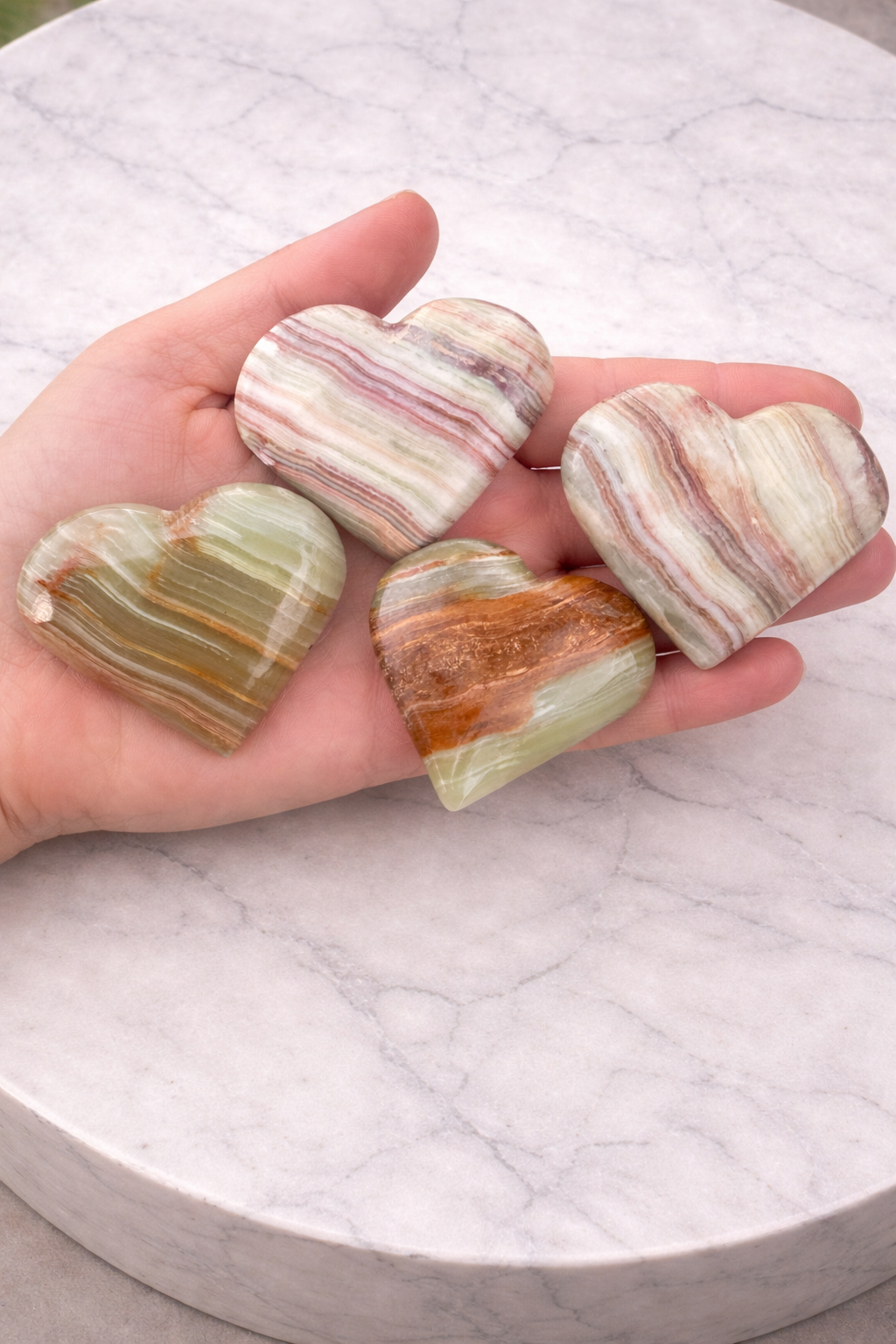 Green Banded Calcite Hearts