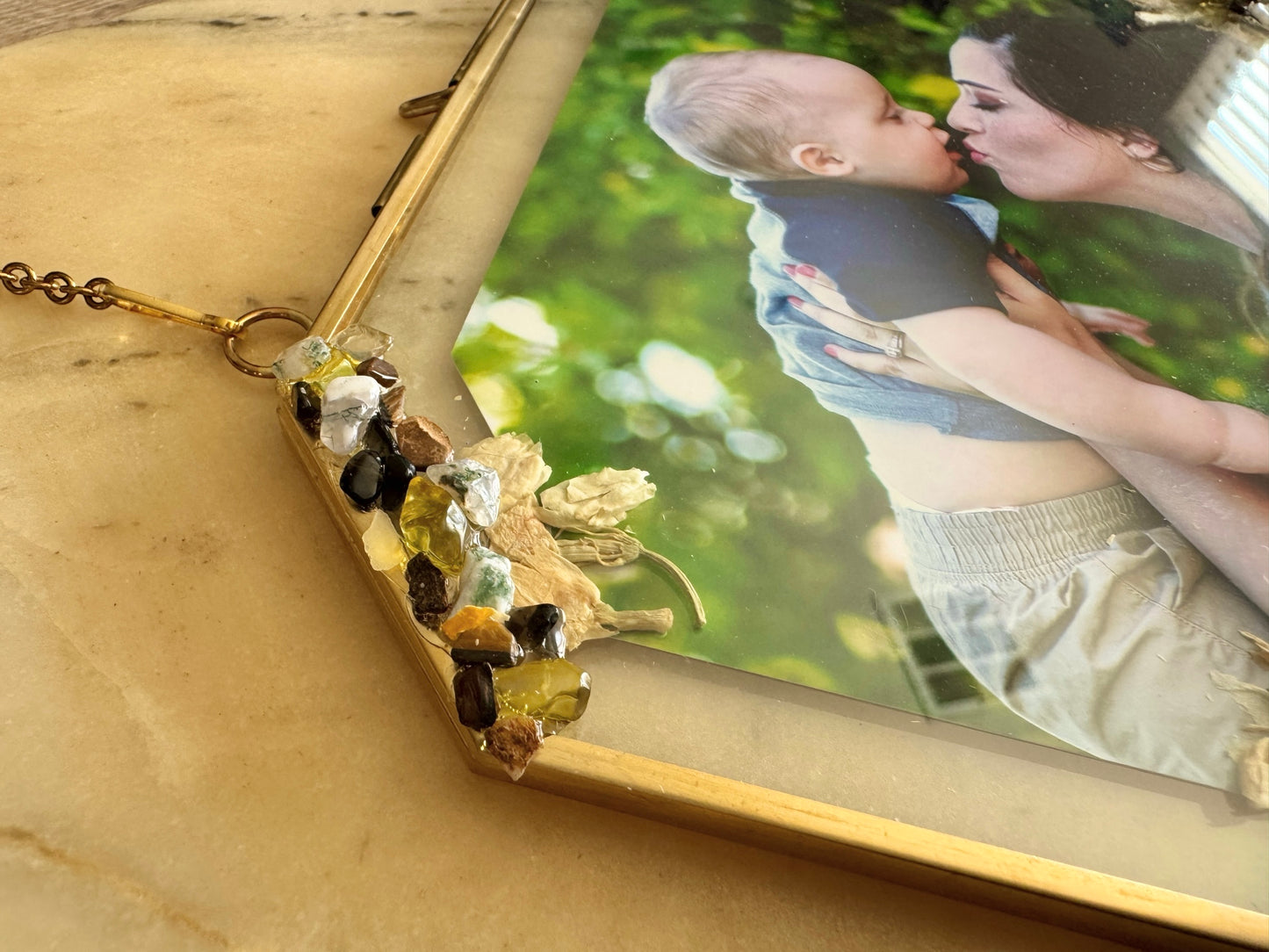 Custom Gemstone Birth Flower Frame- 5x7 Gold Hanging Glass Frame