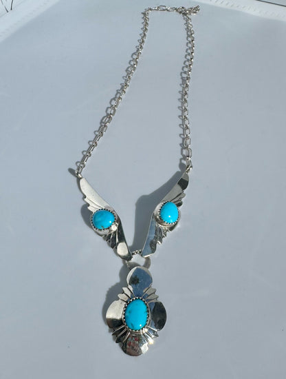 Vintage Native American EDE Signed Sterling Silver Turquoise  Necklace 18"
