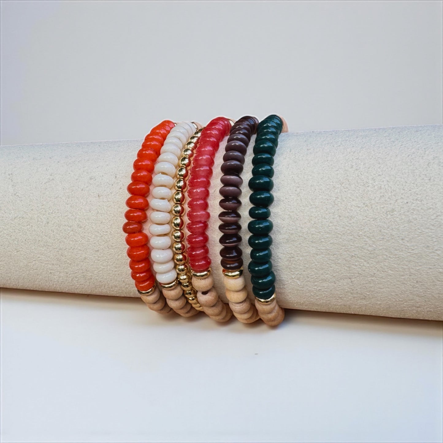 Autumn Balance Stack - Fall Beaded Bracelets with Essential Oil Diffusing Wood