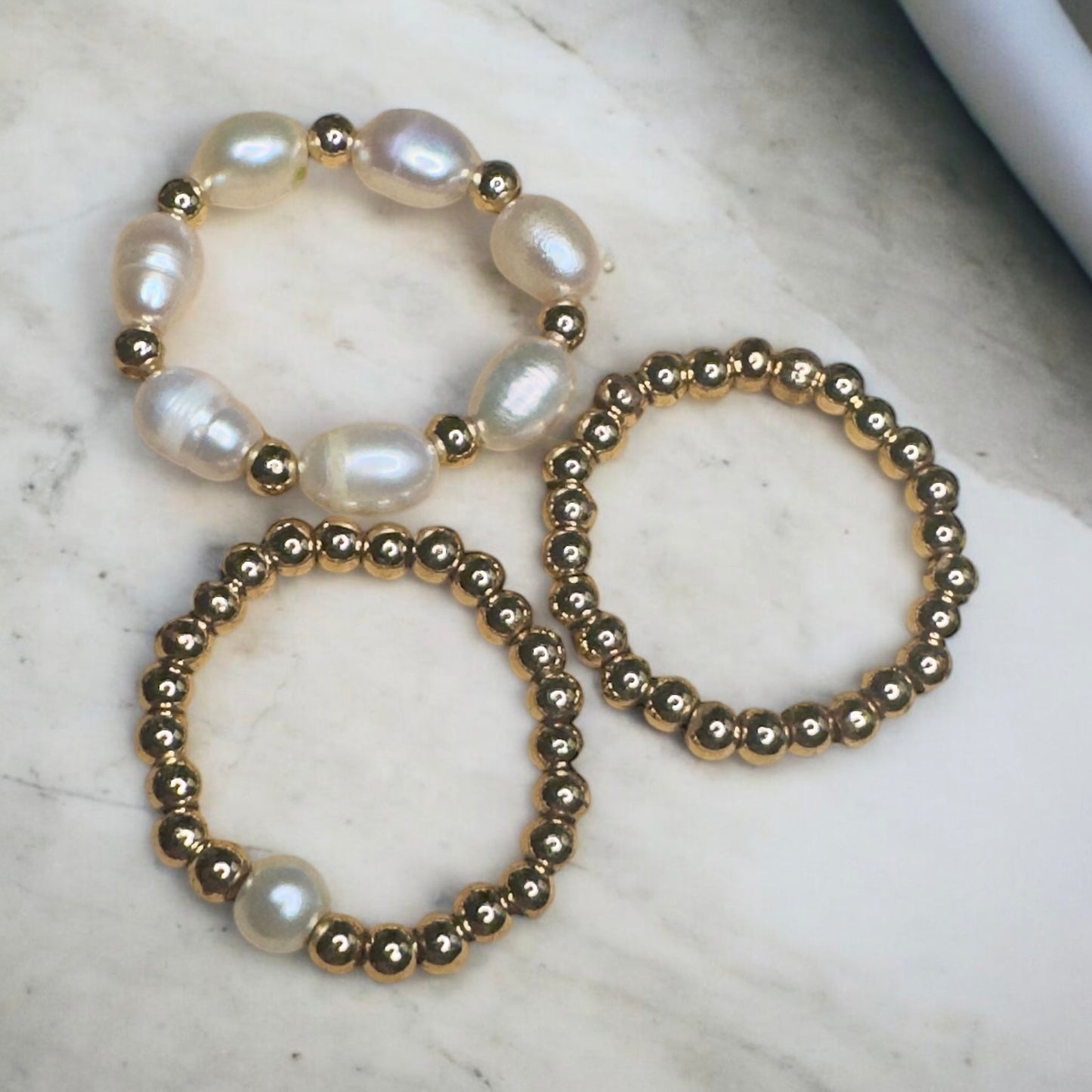Timeless Pearl  – 14K Gold-Filled & Freshwater Pearl Stretch Ring Stack