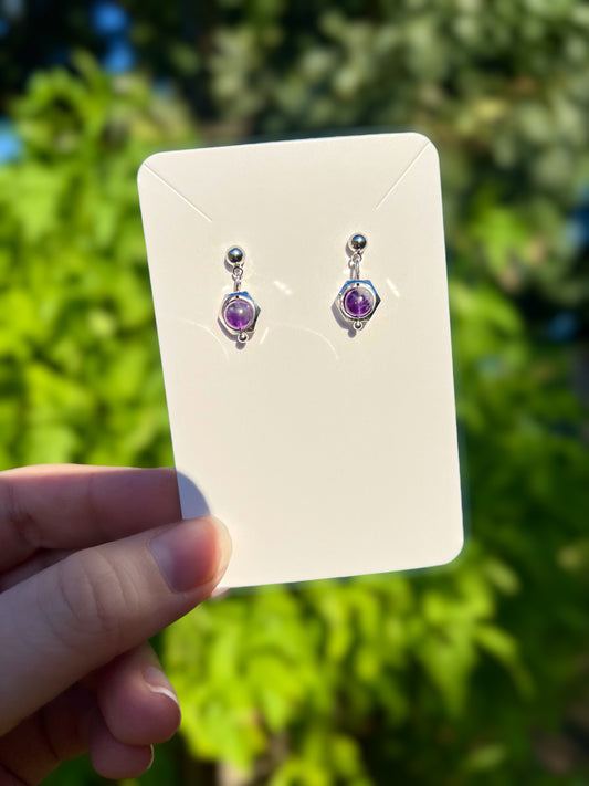 Hexagon Amethyst Stud-Dangle Earrings