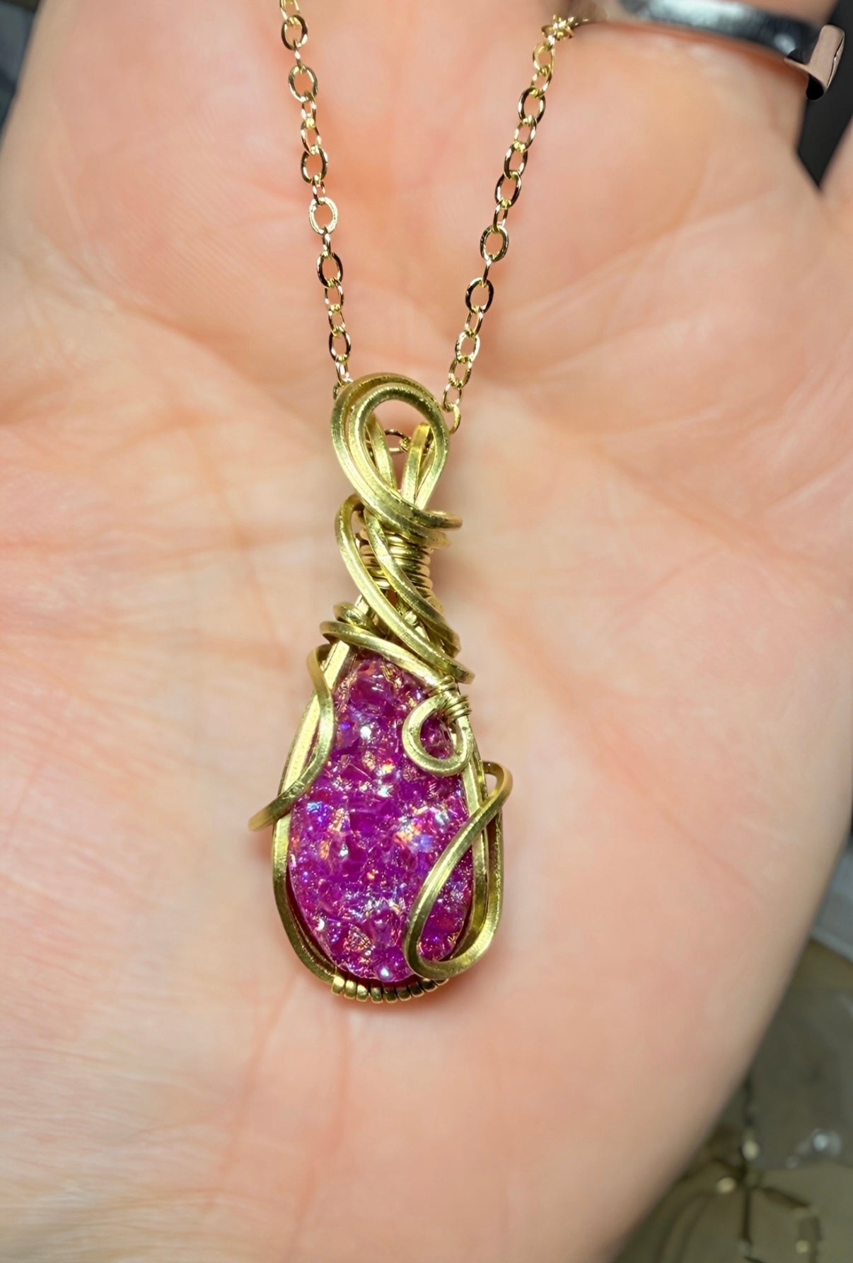 Pink Druzy Wire Wrapped Pendant