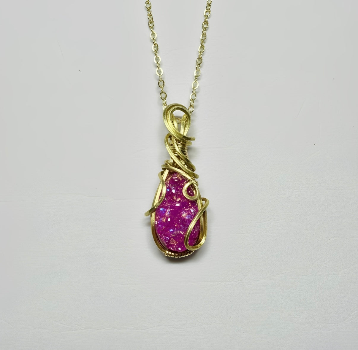 Pink Druzy Wire Wrapped Pendant