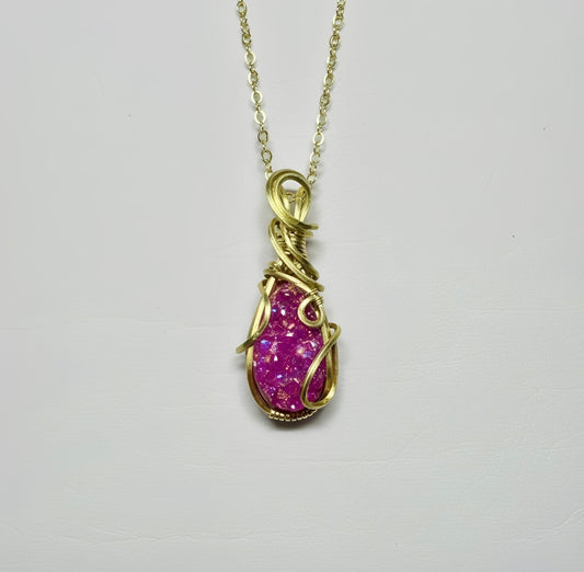 Pink Druzy Wire Wrapped Pendant