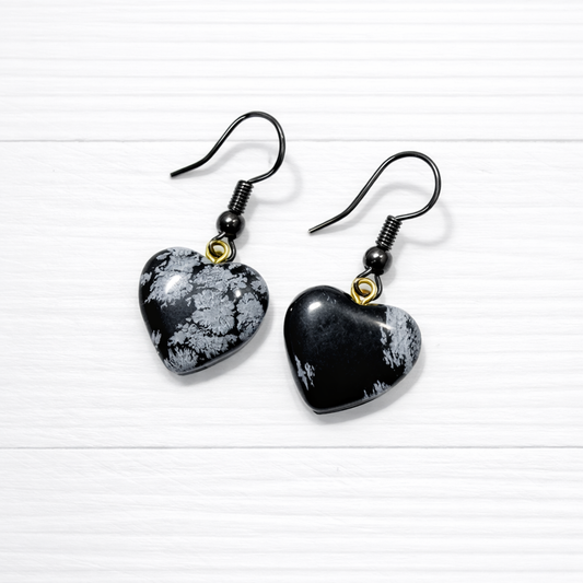 Snowflake Obsidian Heart Earrings