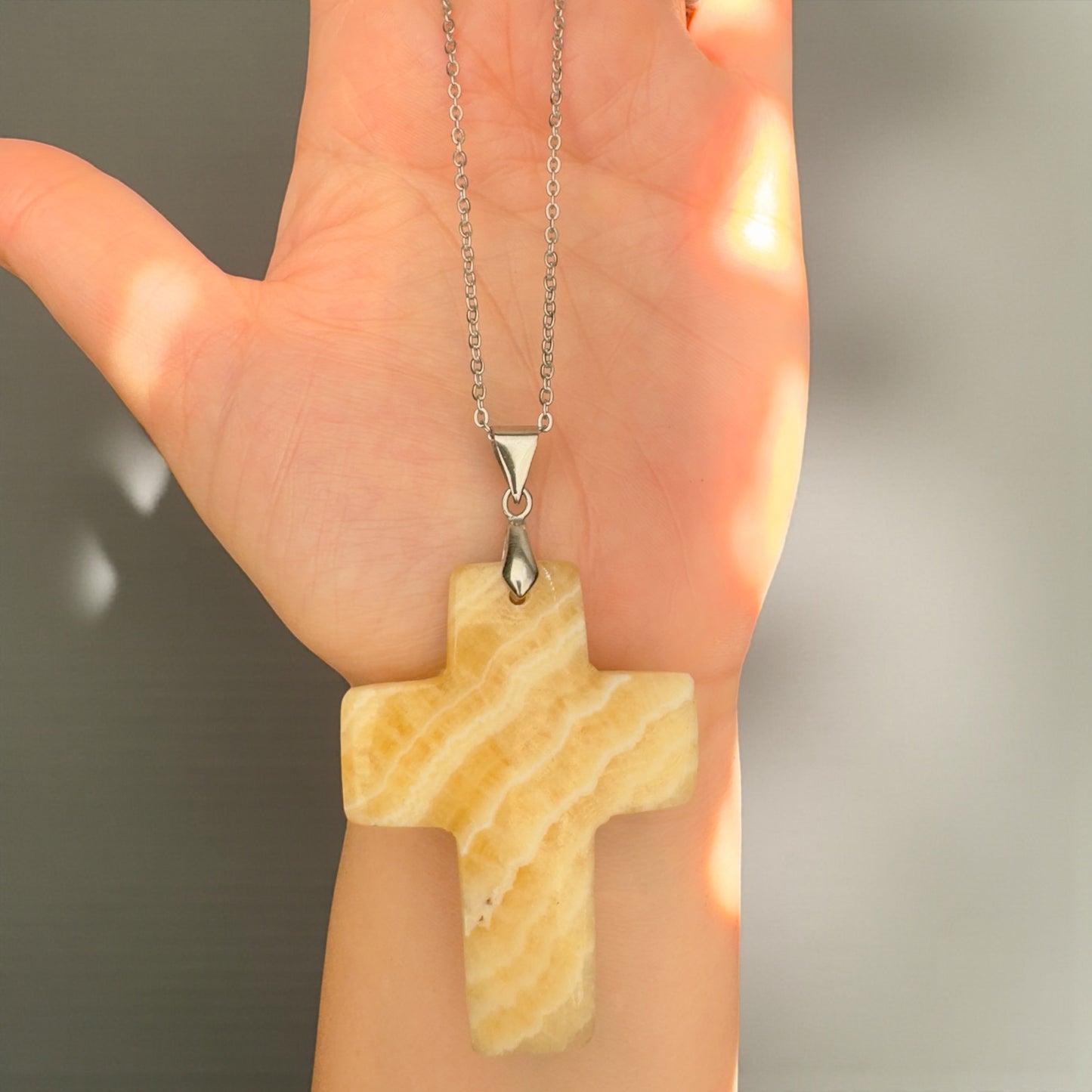 Large Banded Yellow Calcite Cross Necklace