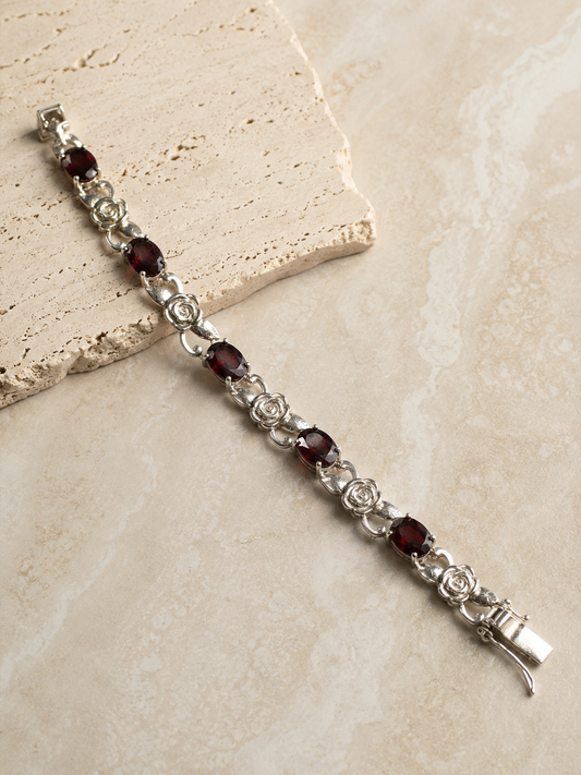 Garnet & Rose bracelet-Sterling Silver-8 inches
