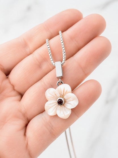 Sakura Pink Mother of Pearl + Garnet Flower Necklace