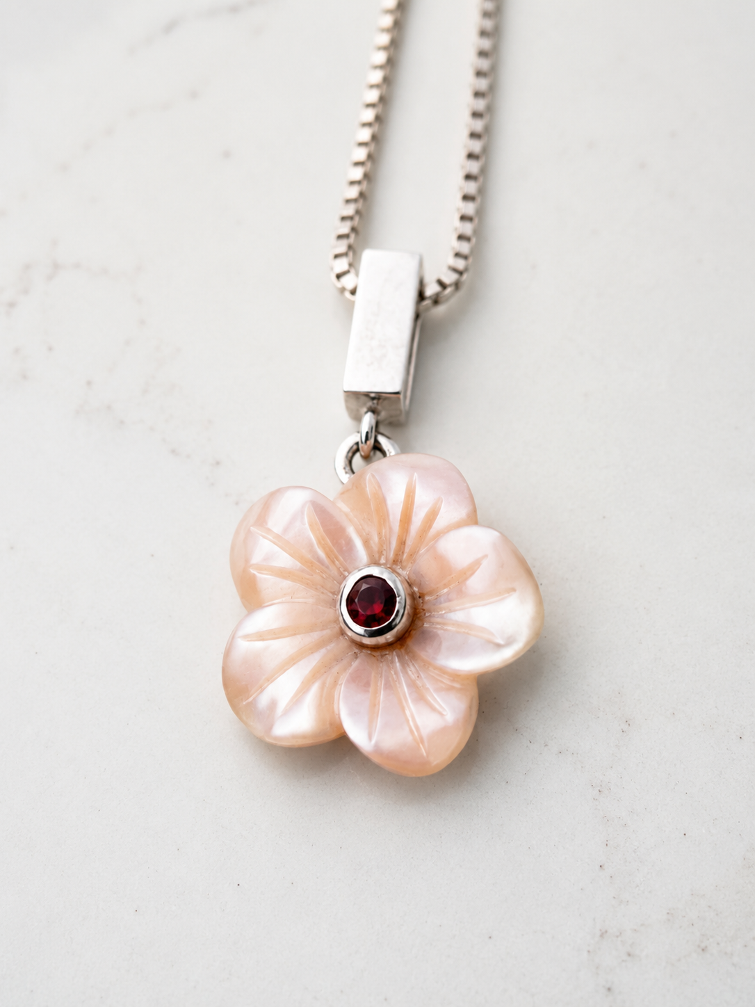 Sakura Pink Mother of Pearl + Garnet Flower Necklace