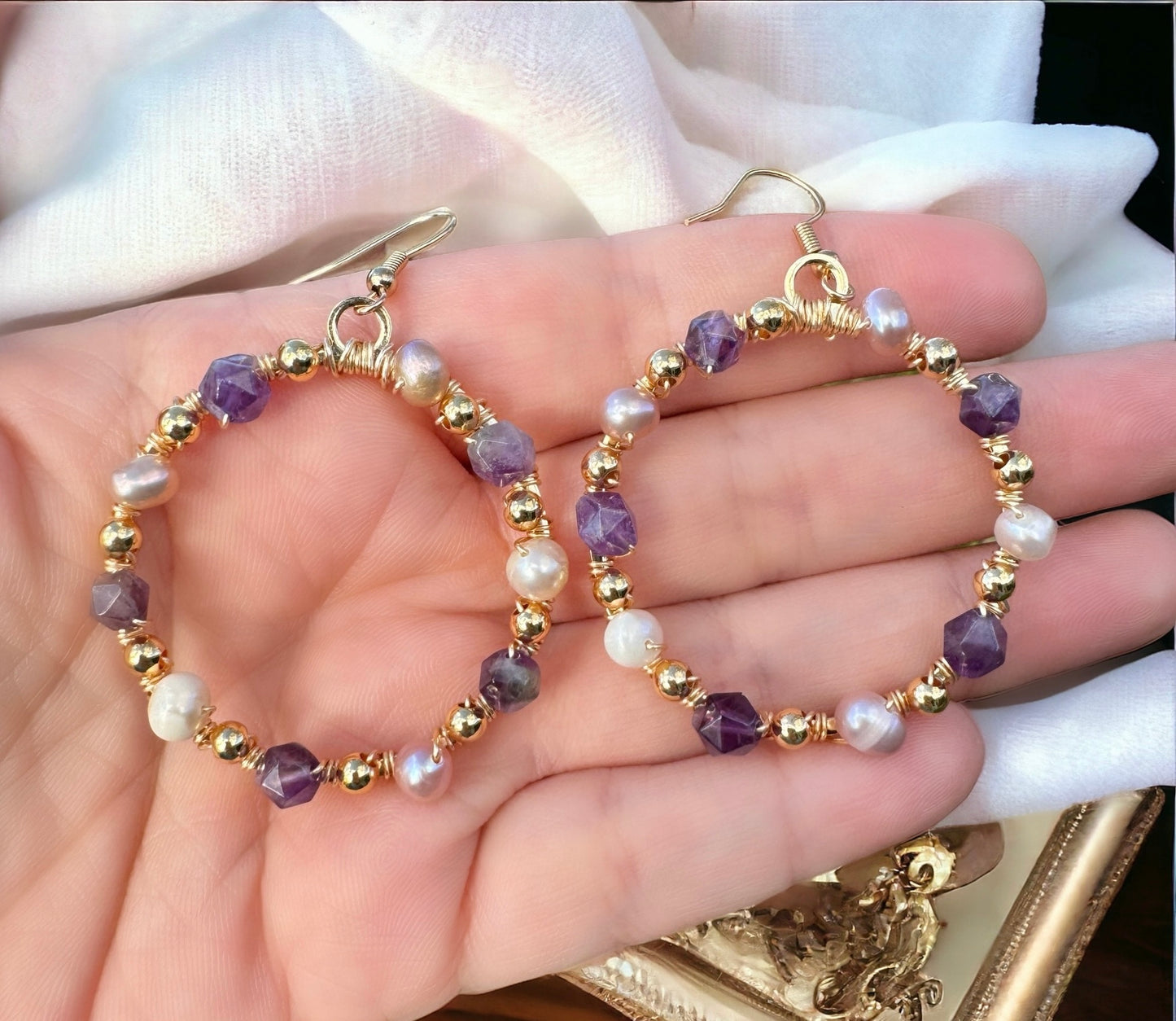 Amethyst and Pearl Wire Wrapped Earrings