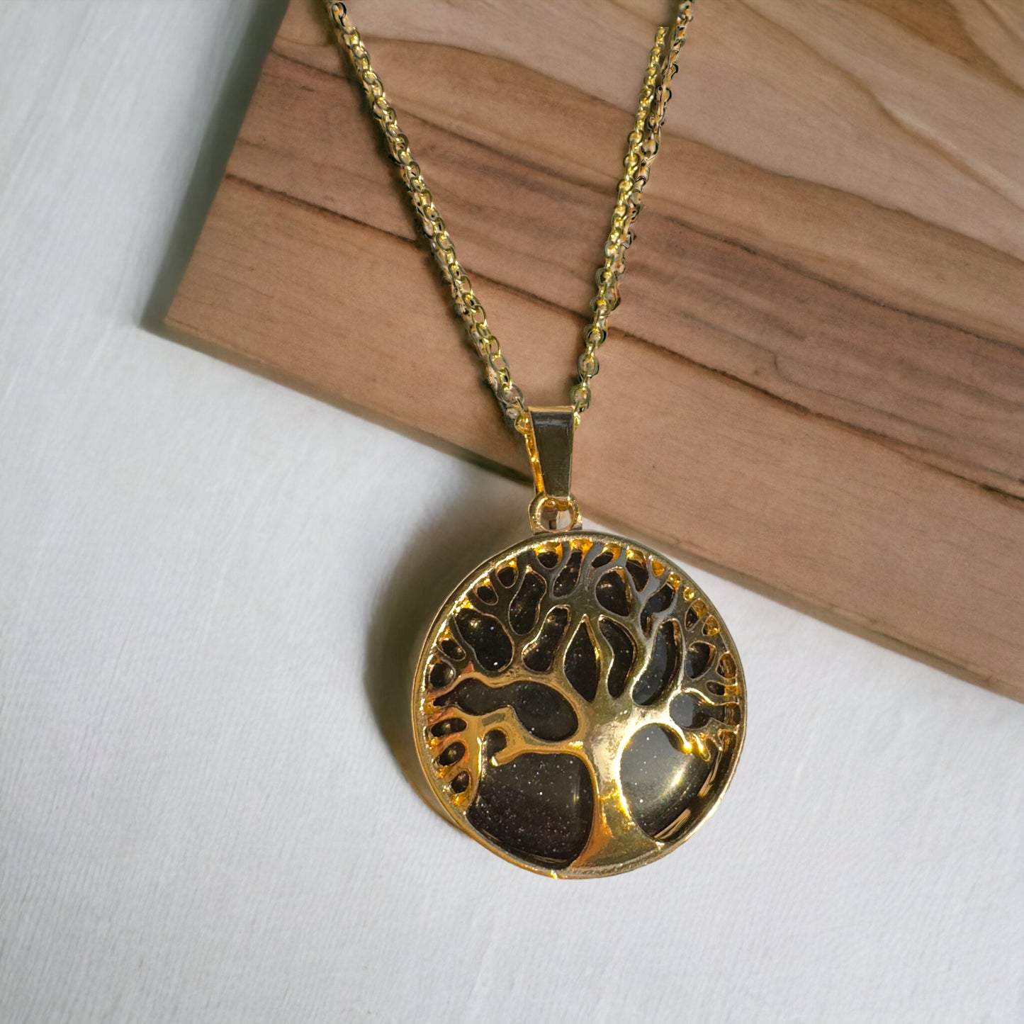 Blue Goldstone Tree of Life Necklace in Gold