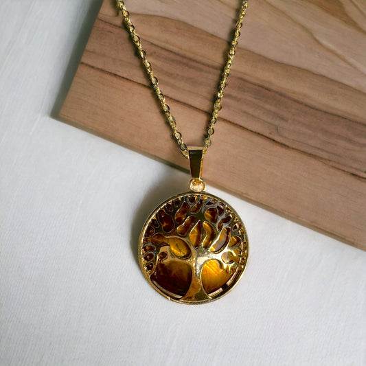 Tigers Eye Tree of Life Necklace in Gold