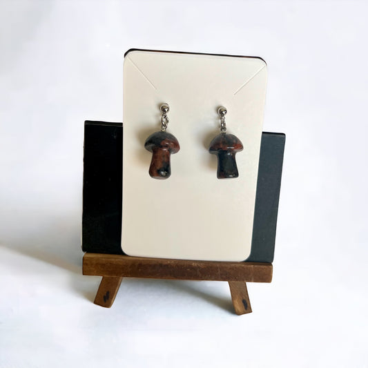 Mahogany Obsidian Mushroom Stud-Dangle Earrings