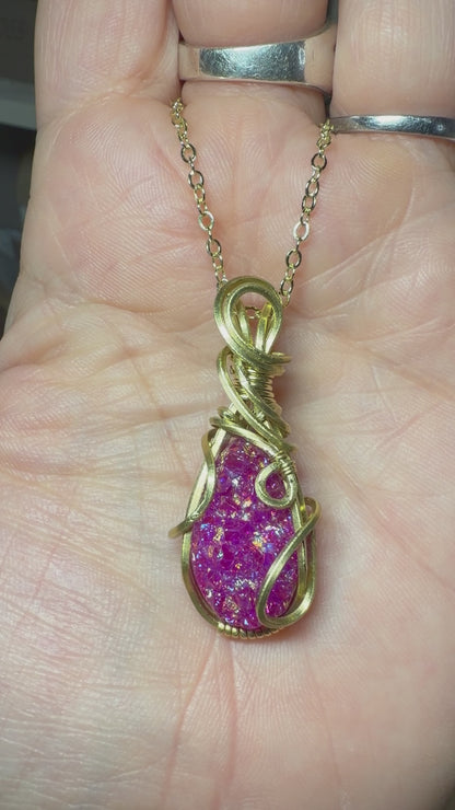Pink Druzy Wire Wrapped Pendant