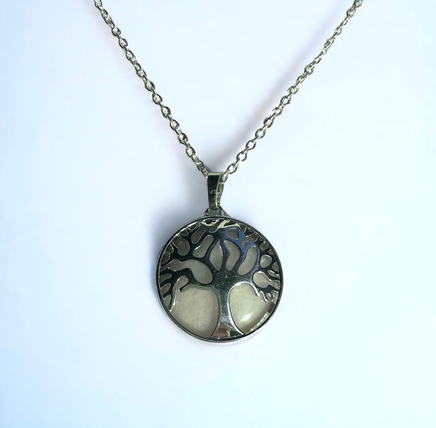 White Jade Tree of Life Necklace in Silver